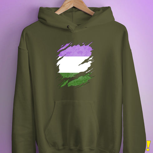 Genderqueer Pride Flag Ripped Reveal Hoodie - Army